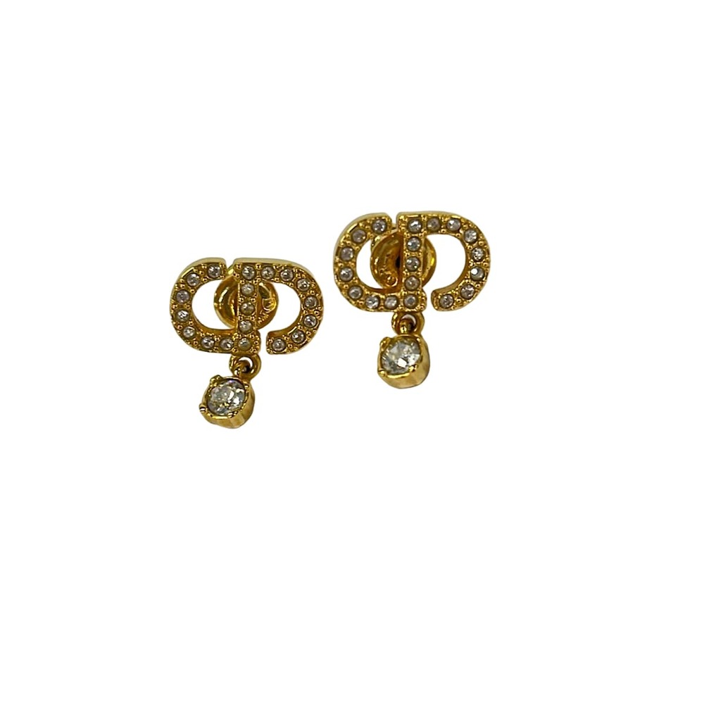 Christian Dior Earrings Gold Light Blue Hardware Rhinestones